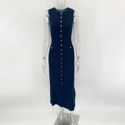 Lora Elegant Sleeveless Single-Breasted Ribbed Knitwear Long Dress For Women High Waist Bodycon Knitted Fake Pocket Dress New