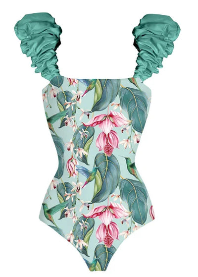 "Floral Fantasy" Fashion Floral Print One-Piece Swimsuit Set - Sexy Triangle Micro Bikinis, Low Waist Swimwear for Girls - Celestial Couture