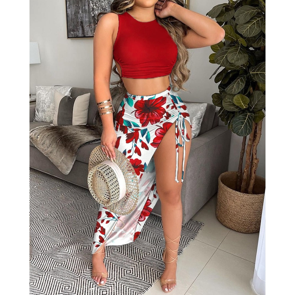 Two Pieces Crop Top &amp; Drawstring skirt- multiple prints