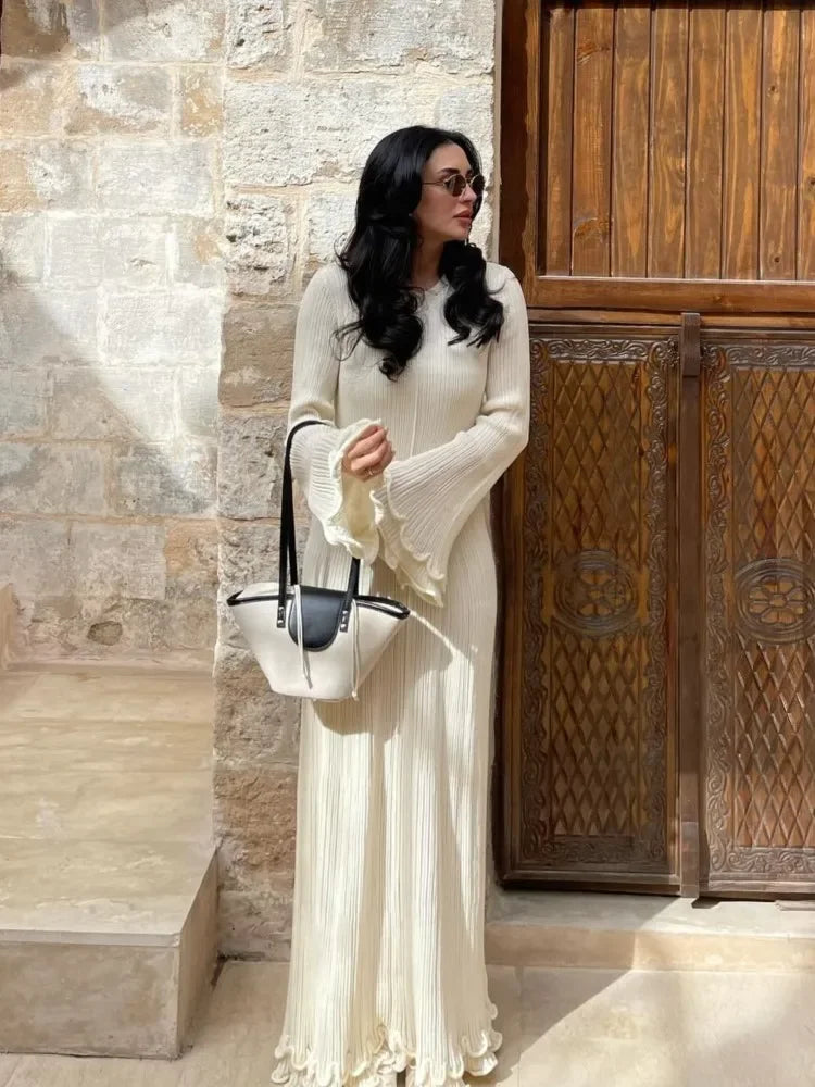 Women Elegant Ruffle Hem Knit White Long Dress O-neck Flare Long Sleeve Backless Bandage Dresses 2024 New Evening Party Robes - Celestia Couture