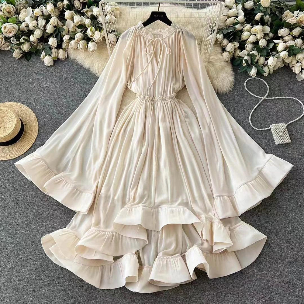 Luxury Ruffles Irregular Solid Dresses For Women V Neck Cloak Sleeves High Waist Spliced Lace Up Loose Folds Dress Summer Female - Celestia Couture