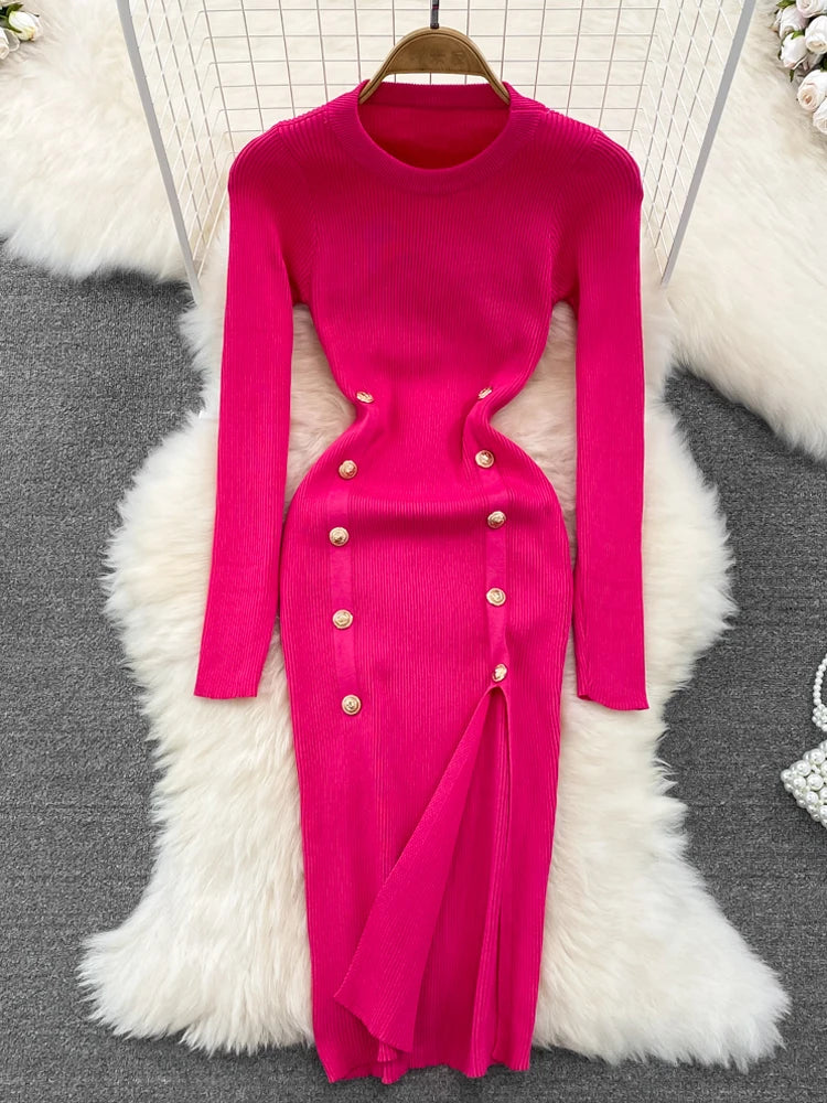 Autumn Chic Double-Breasted Knitted Dress - Celestia Couture