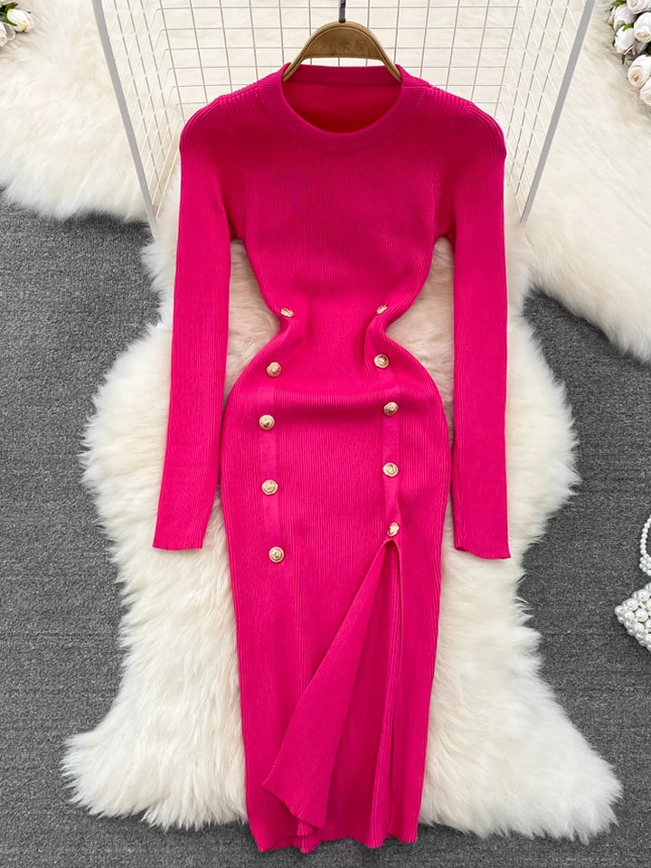 Autumn Chic Double-Breasted Knitted Dress - Celestia Couture