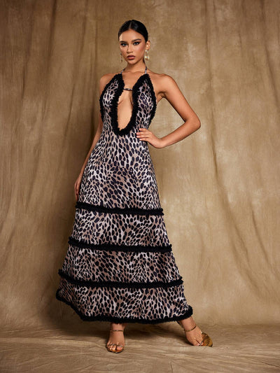 Suden Stylish Backless Leopard Maxi Dress with Elegant Tulle Detail - Celestial Couture