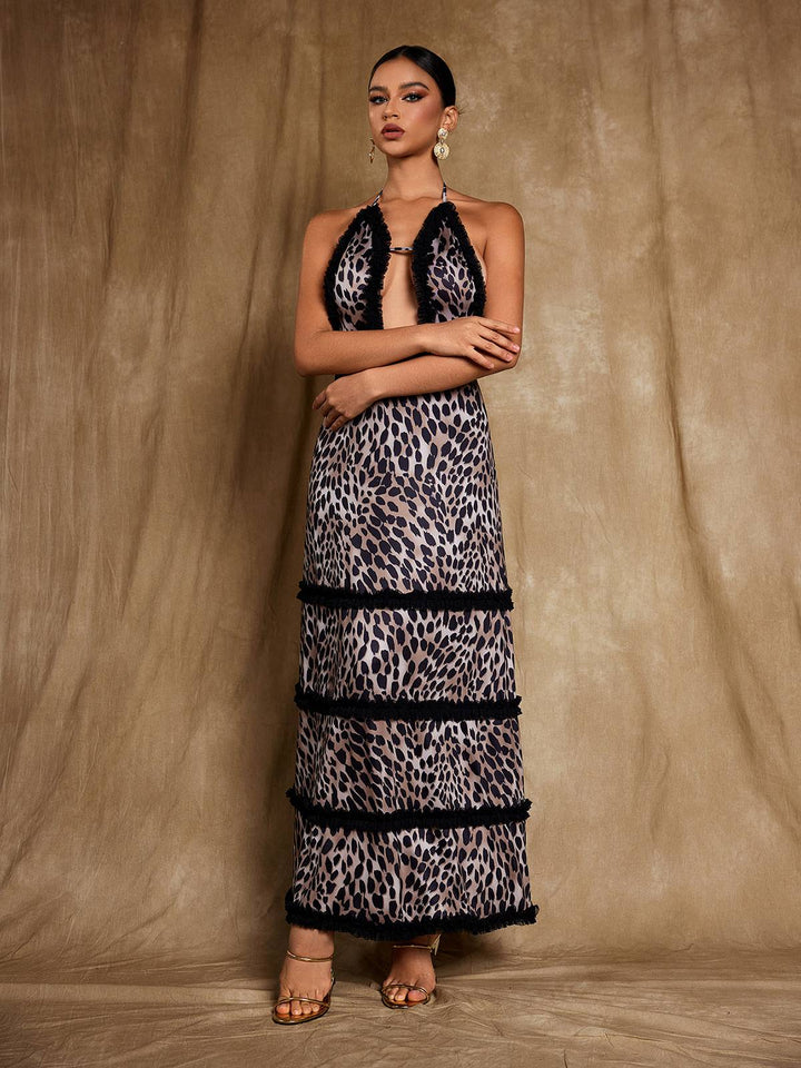 Suden Stylish Backless Leopard Maxi Dress with Elegant Tulle Detail - Celestia Couture