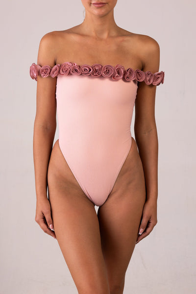 Rosette Off Shoulder One Piece (Faux Suede Blush/Blush) - Celestial Couture