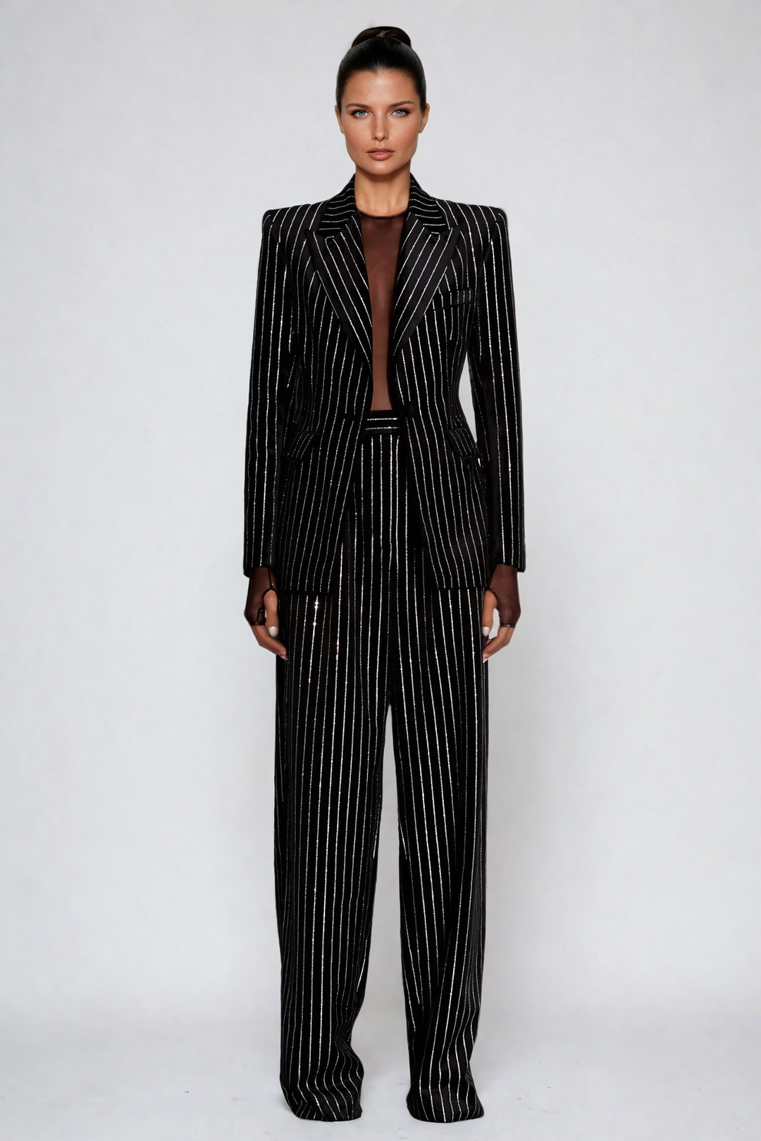 Tanya Rhinestone Stripe Set In Black - Celestia Couture