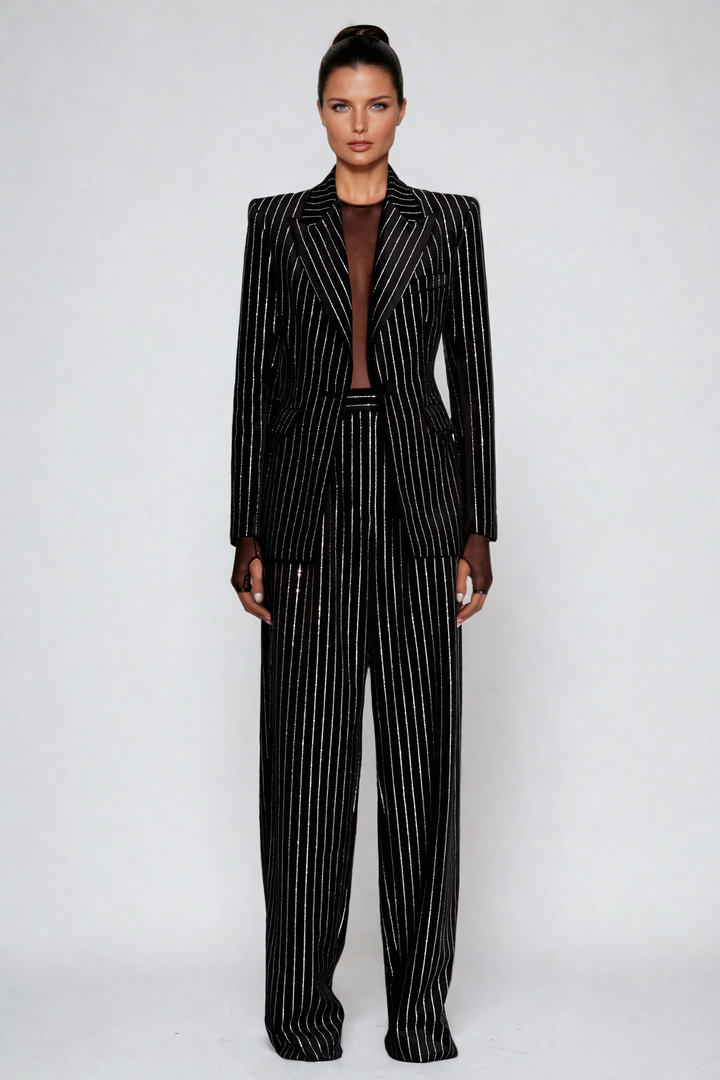 Tanya Rhinestone Stripe Set In Black - Celestia Couture