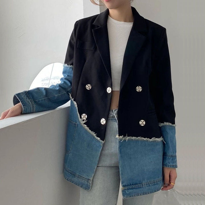 Jenna Asymmetric Denim Patchwork Blazer - Celestia Couture