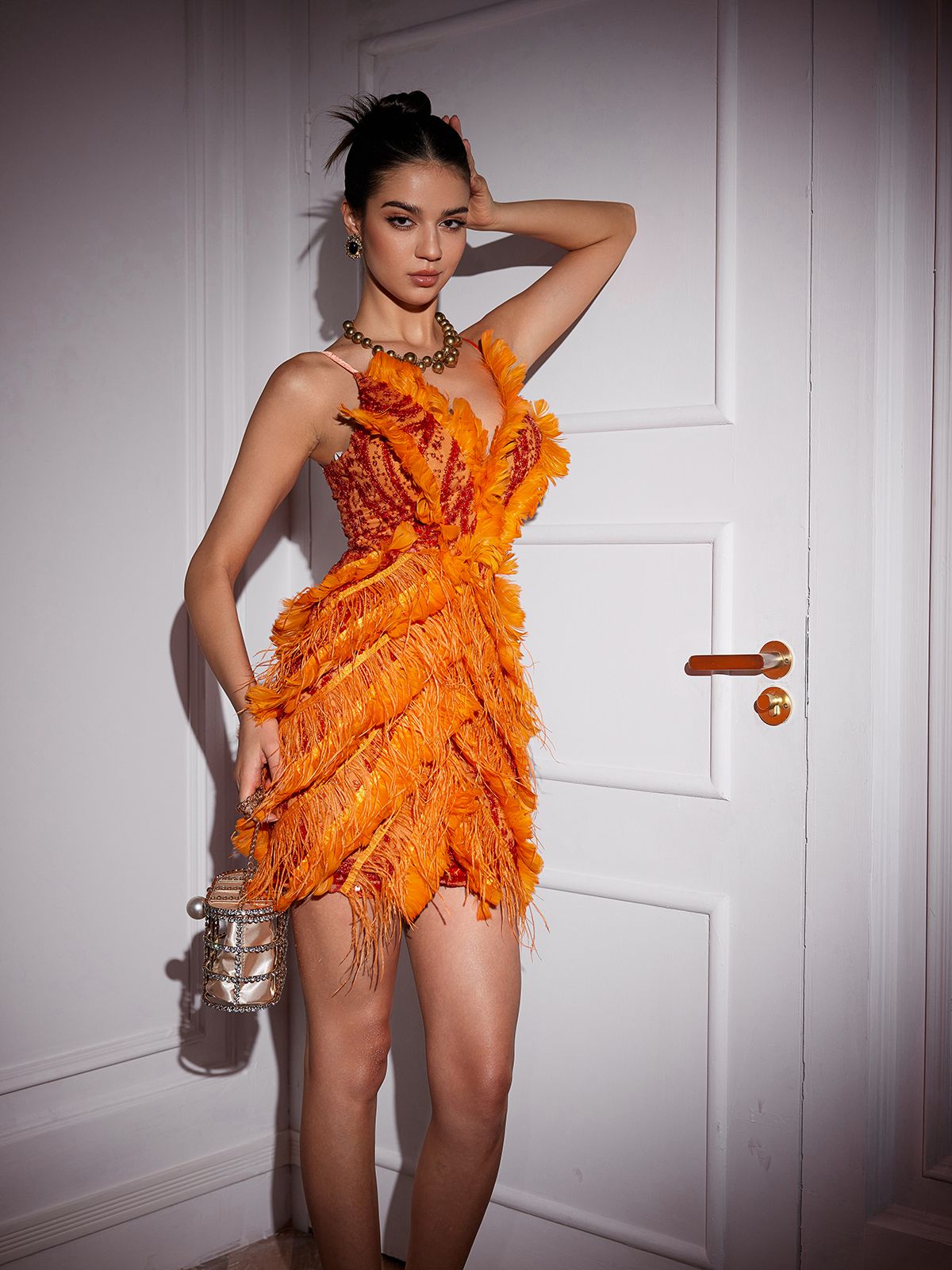 Enchanting Mini Dress with Feather Trim and Embroidery by Theia - Celestial Couture