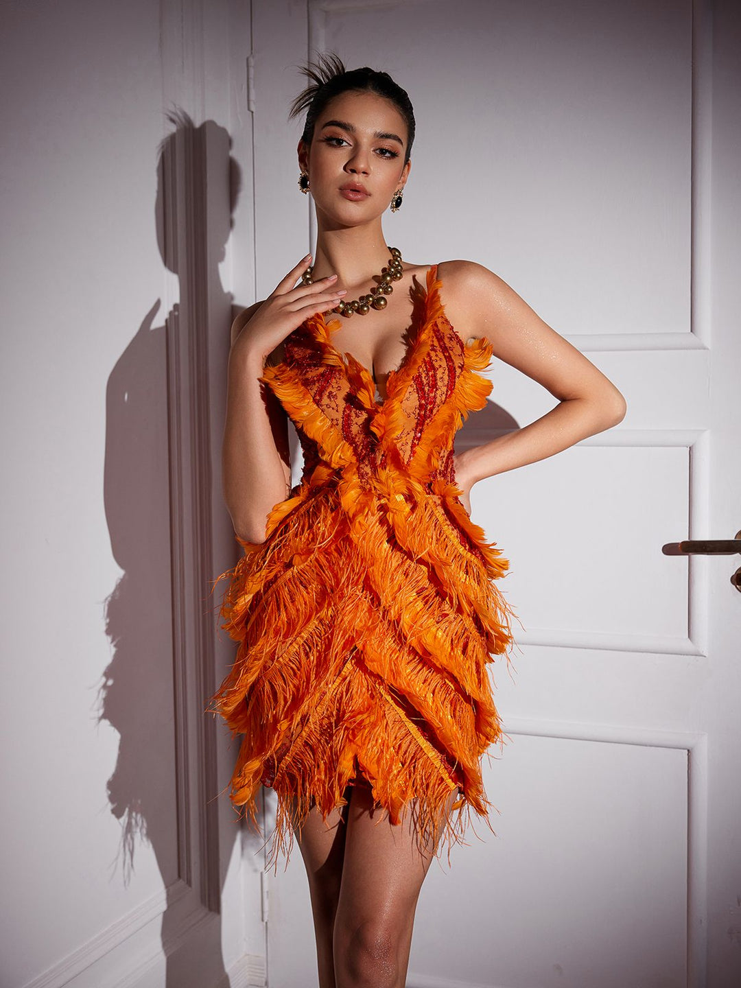 Enchanting Mini Dress with Feather Trim and Embroidery by Theia - Celestia Couture