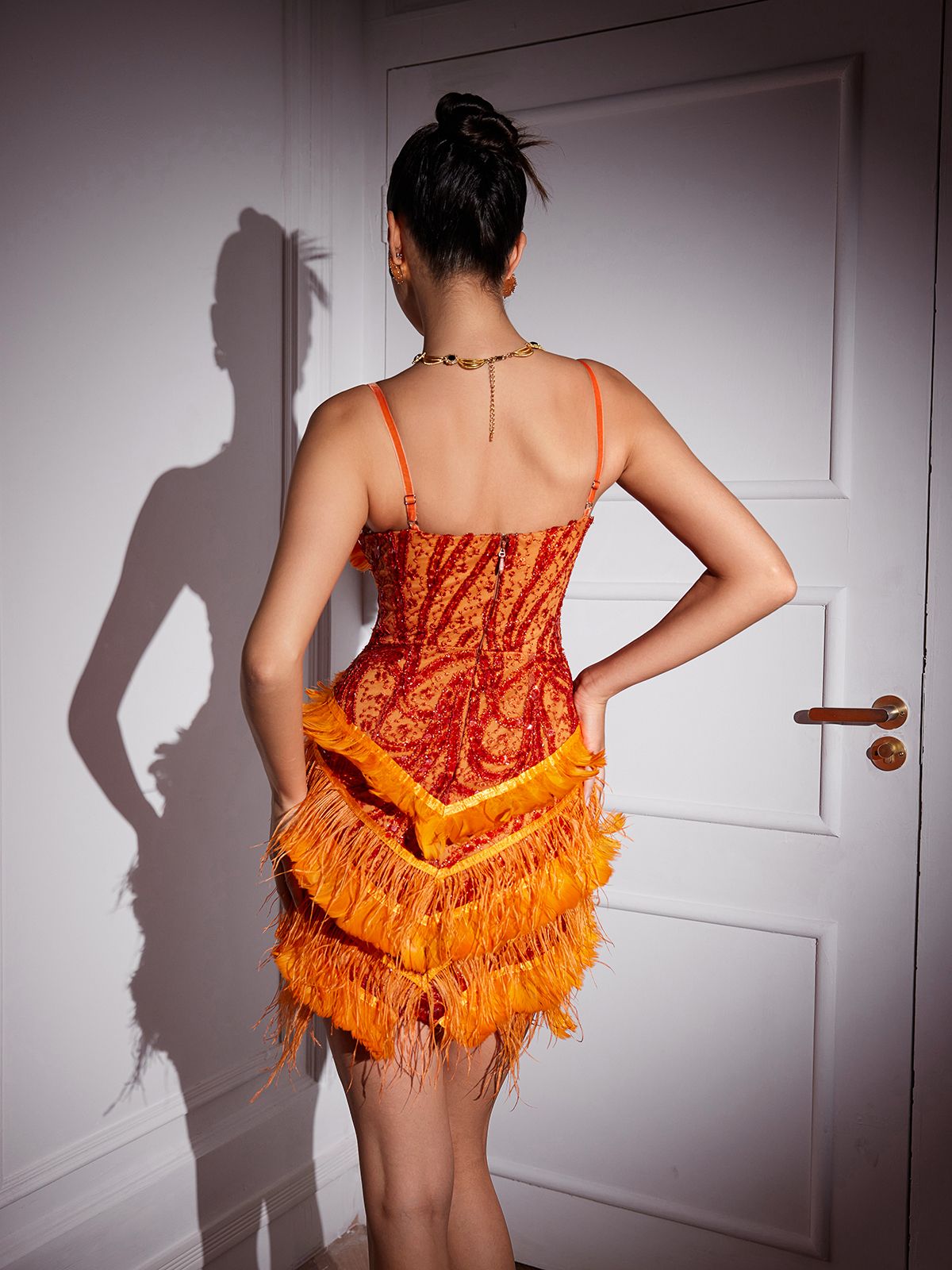 Enchanting Mini Dress with Feather Trim and Embroidery by Theia - Celestial Couture