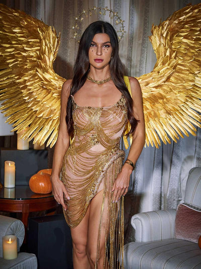 Dazzling Gold Verona Diamond Chain Dress with Stunning Embellishments - Celestial Couture