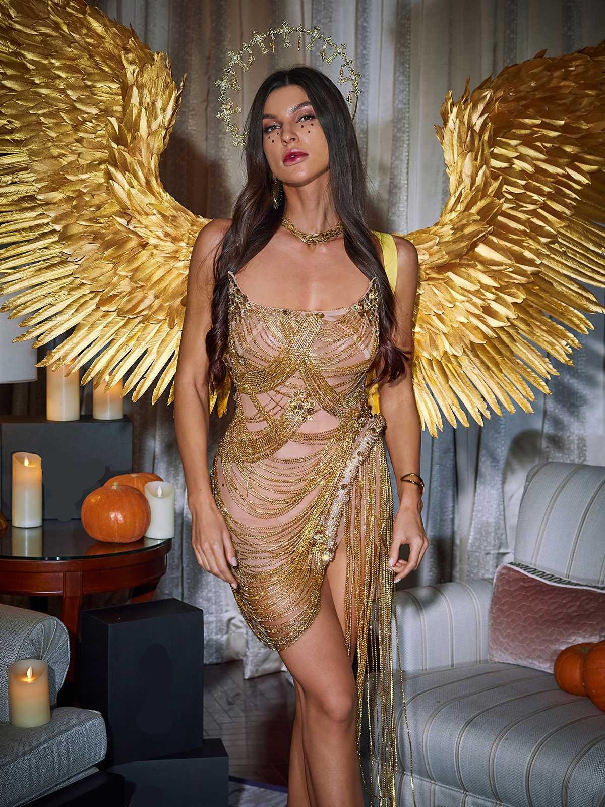 Dazzling Gold Verona Diamond Chain Dress with Stunning Embellishments - Celestial Couture