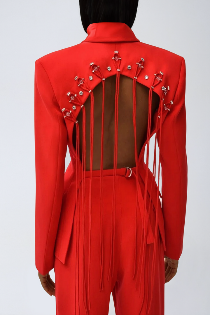 Vienna Cutout Fringe Backless Blazer In Red - Celestia Couture