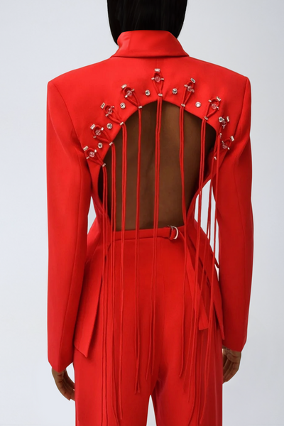 Vienna Cutout Fringe Backless Blazer In Red