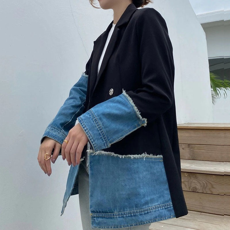 Jenna Asymmetric Denim Patchwork Blazer - Celestia Couture