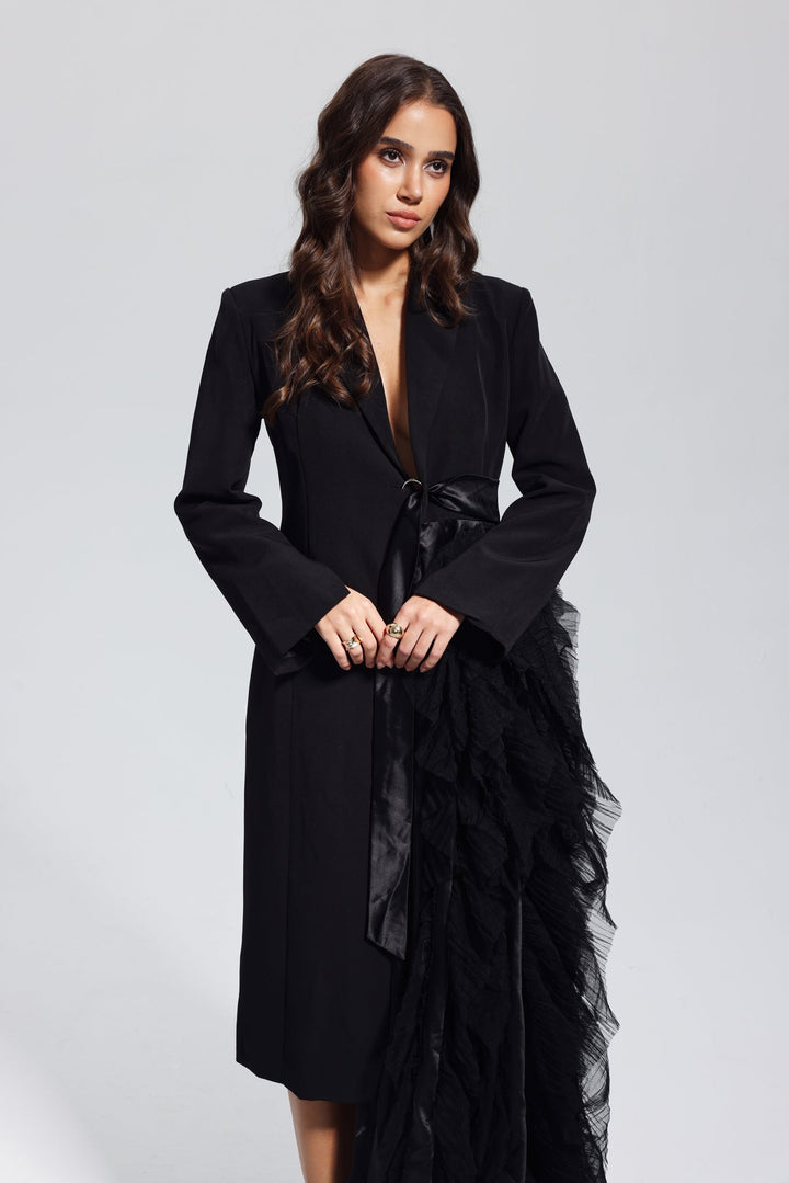 Zayla Mesh Coat In Black - Celestia Couture