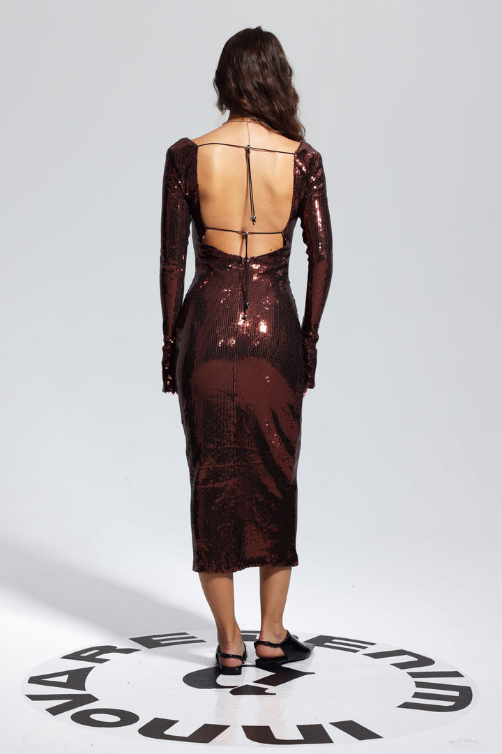 Aoibhe Sequin Midi Dress In Brown - Celestia Couture