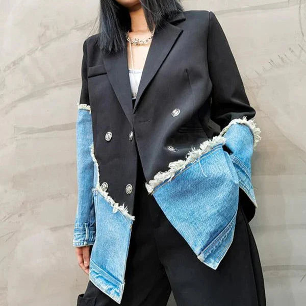 Jenna Asymmetric Denim Patchwork Blazer - Celestia Couture