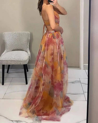 Sophia's Elegant Halter Print Dress - Celestial Couture