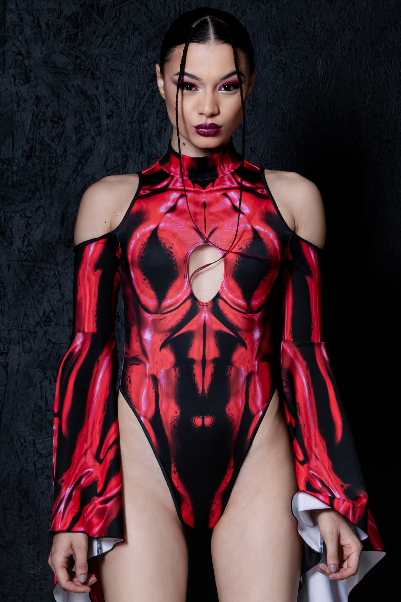 Bloodlust Devil Cut Out Flare Sleeve Thong Bodysuit