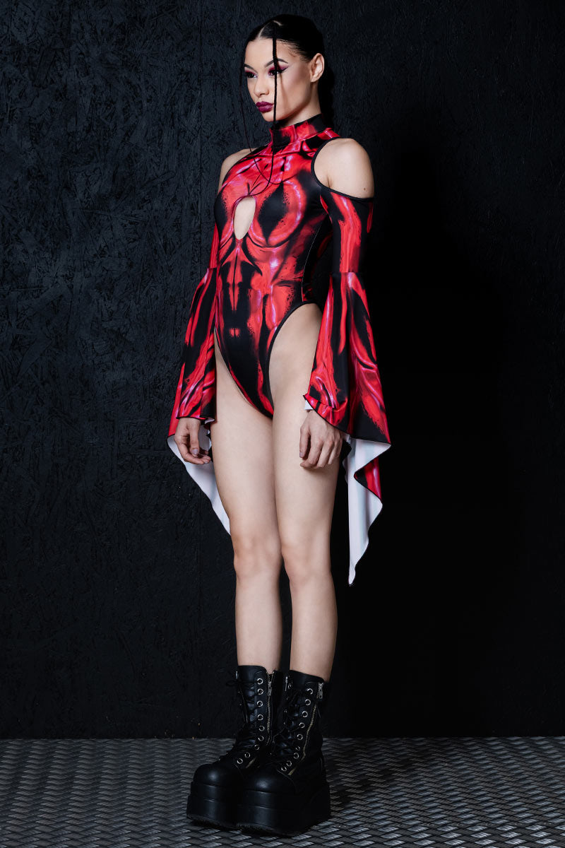 Bloodlust Devil Cut Out Flare Sleeve Thong Bodysuit