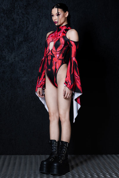 Bloodlust Devil Cut Out Flare Sleeve Thong Bodysuit