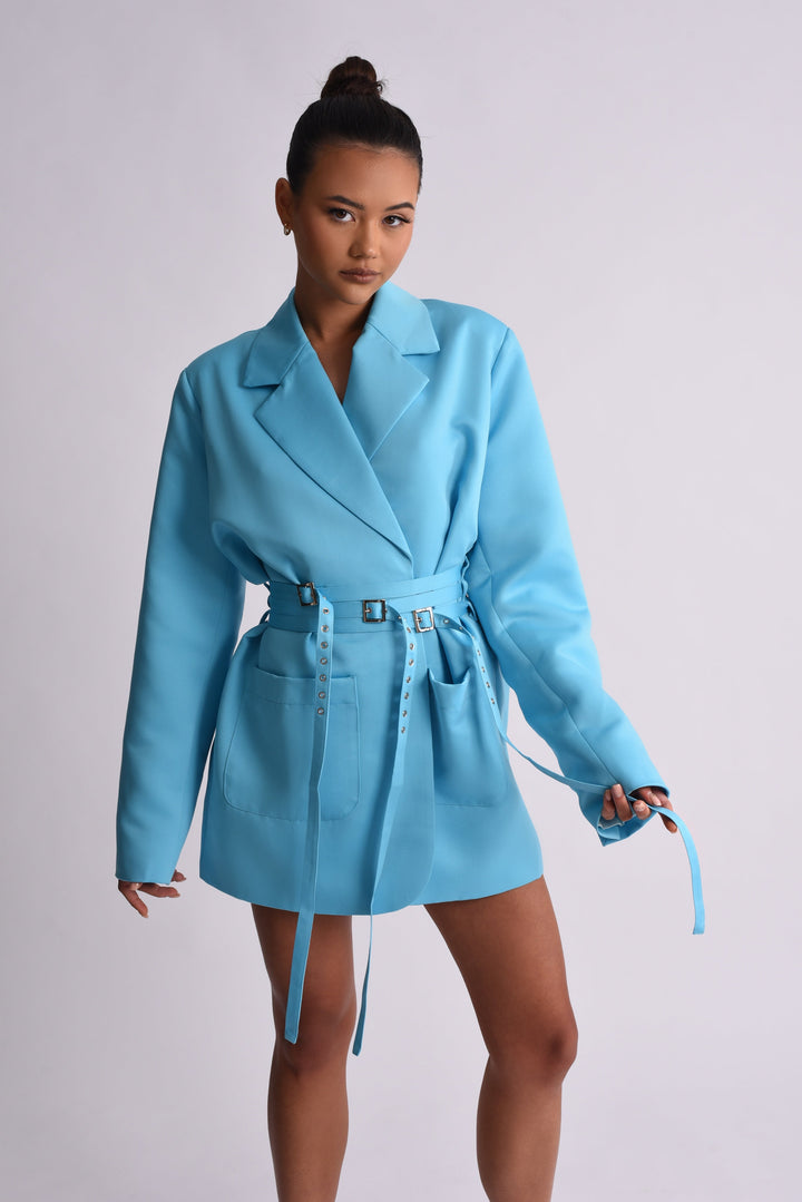 Julia Triple Belted Satin Blazer Dress - Blue - Celestia Couture