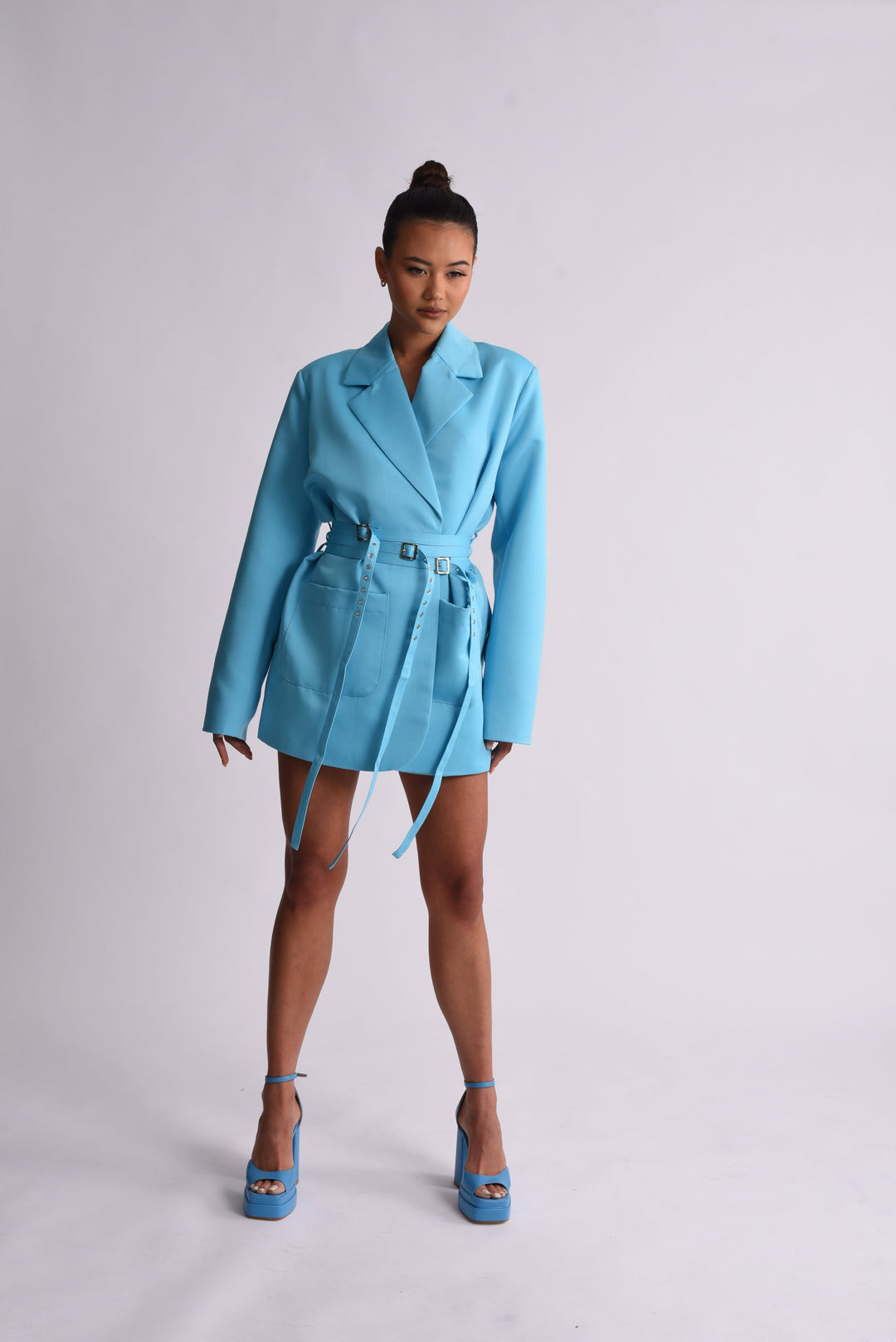 Julia Triple Belted Satin Blazer Dress - Blue - Celestia Couture