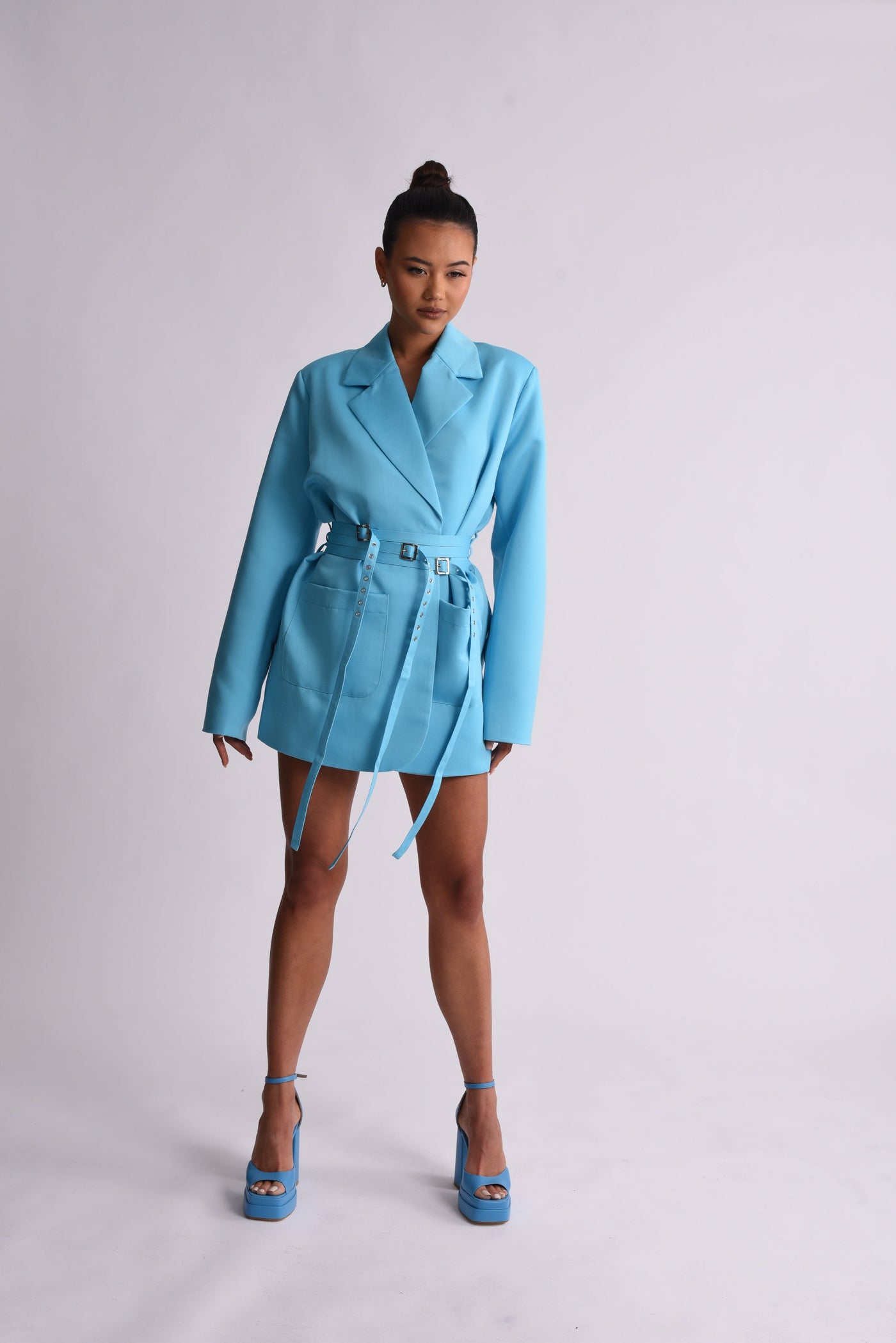 Julia Triple Belted Satin Blazer Dress - Blue