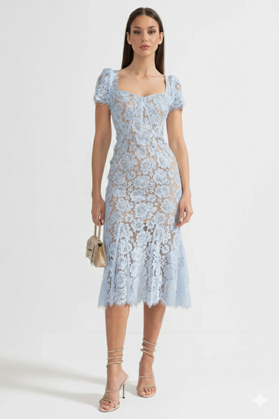 Short Sleeved Lace Dress With Delicate Matching Waist Belt - Blue