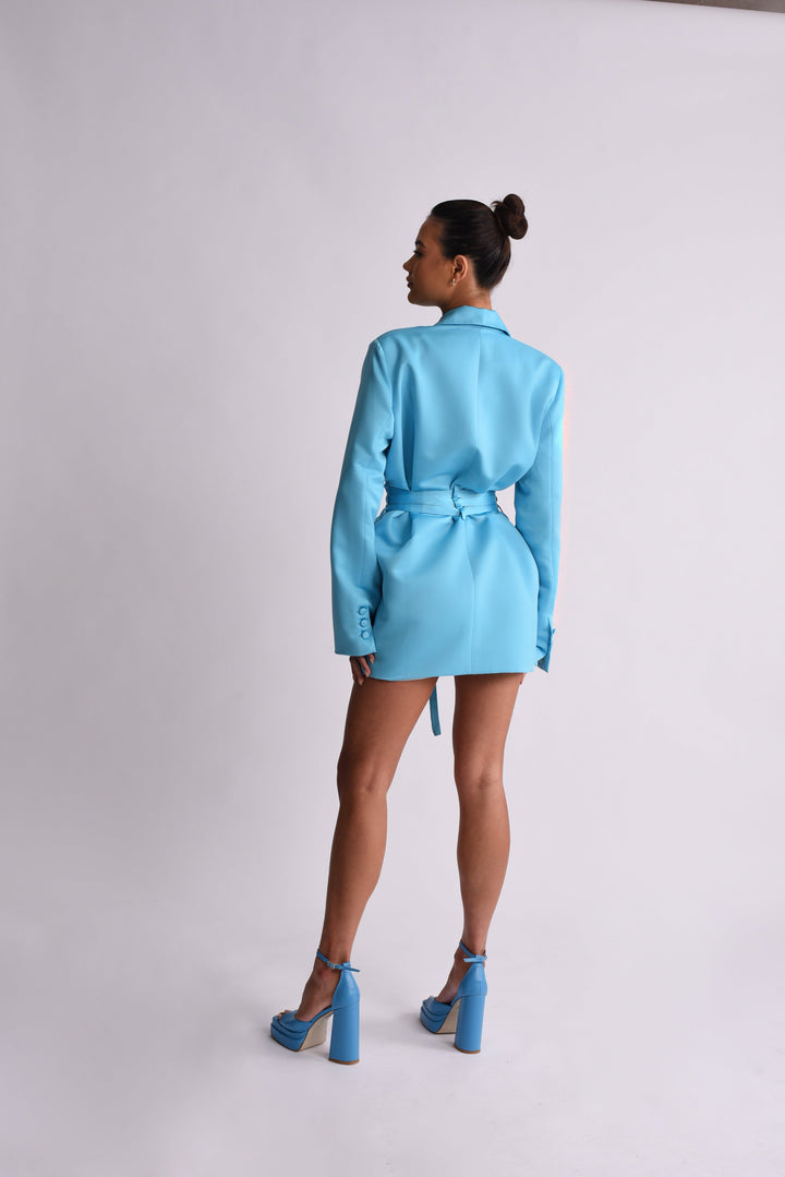 Julia Triple Belted Satin Blazer Dress - Blue - Celestia Couture