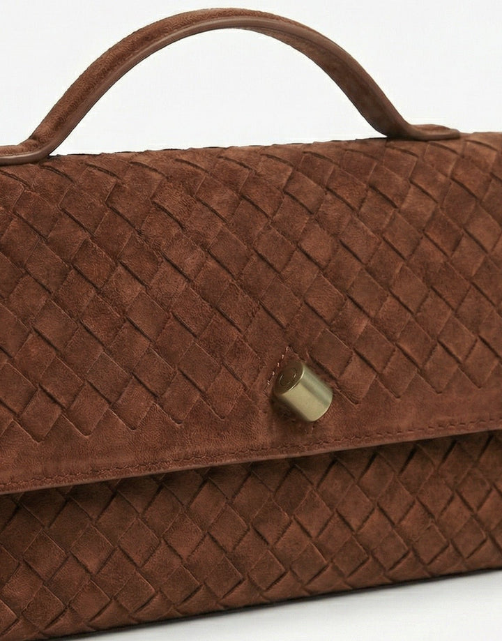 Bruine Suede Gouden Detail Clutch - Tas