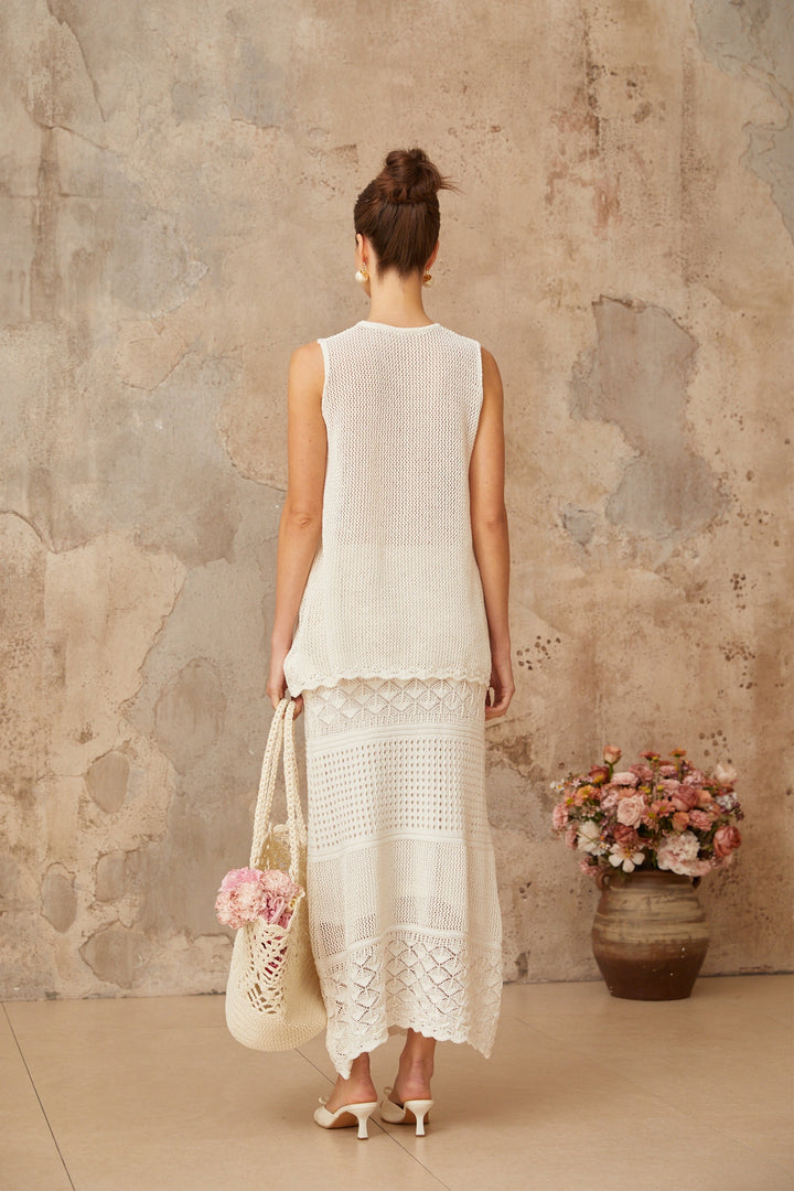 Irène White Cutout Crochet Knit Two-Piece Top and Skirt - Celestia Couture