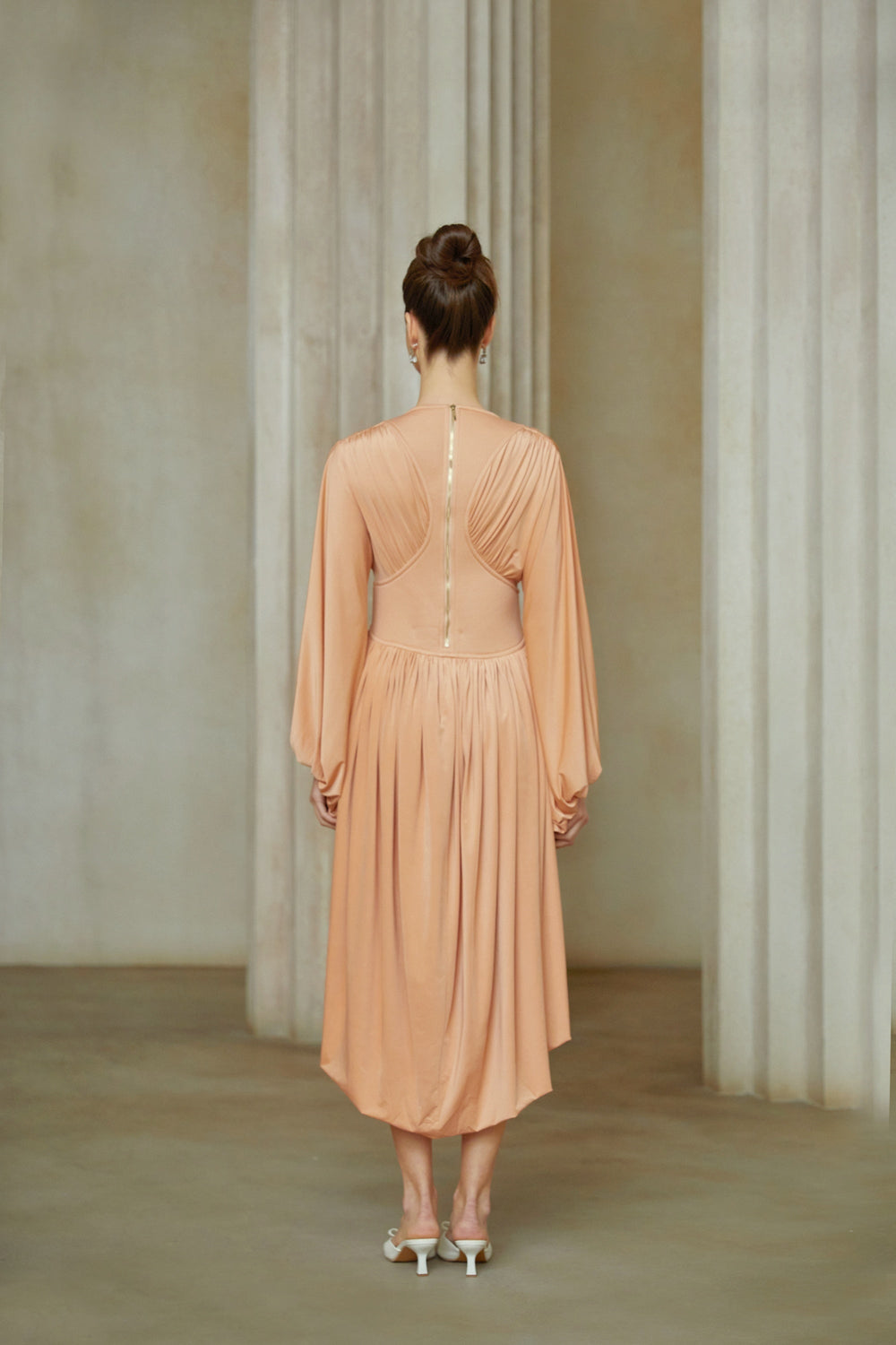 Kenza Pink Asymmetrical Pleated Midi Dress - Celestia Couture