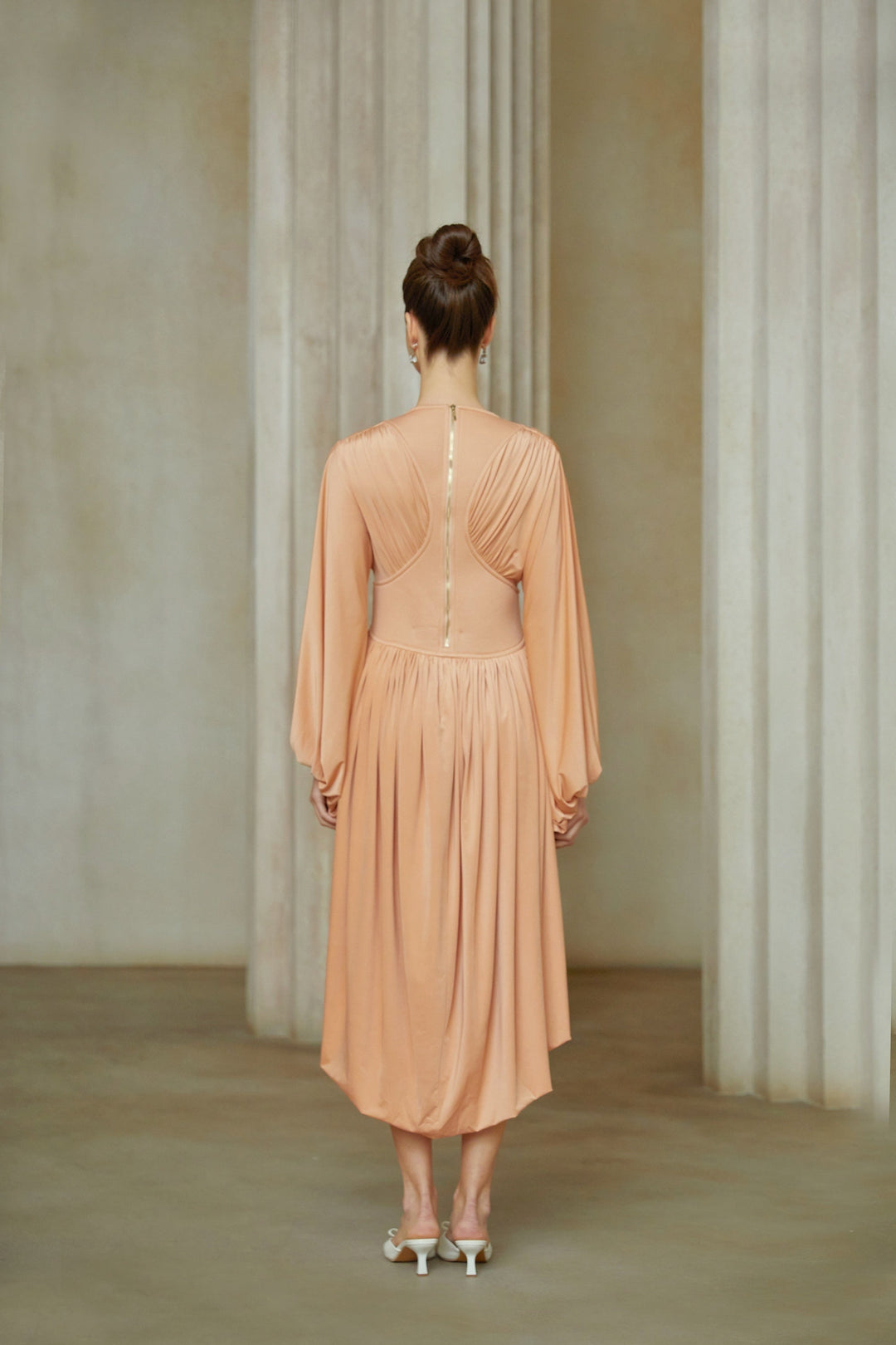 Kenza Pink Asymmetrical Pleated Midi Dress - Celestia Couture