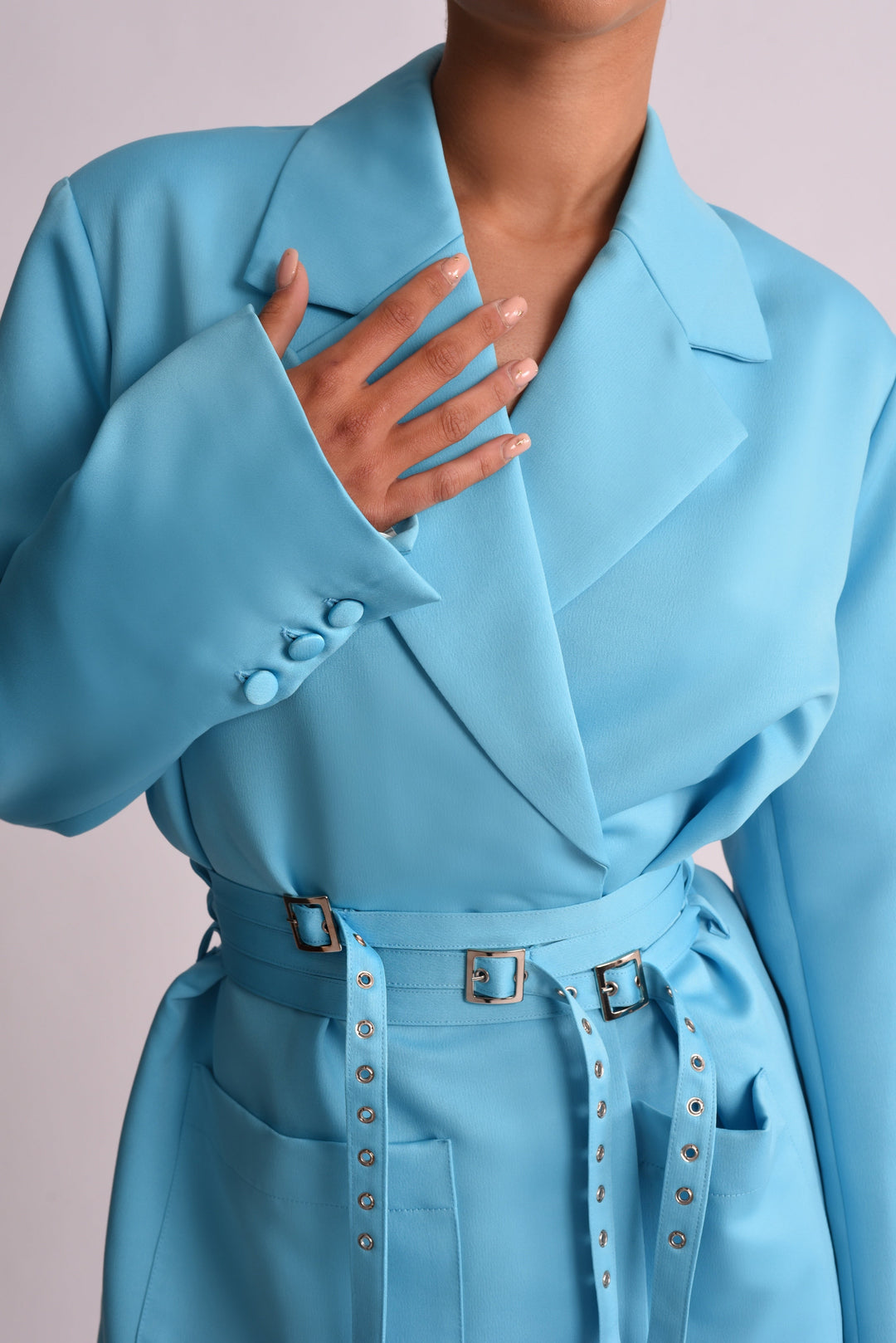 Julia Triple Belted Satin Blazer Dress - Blue - Celestia Couture