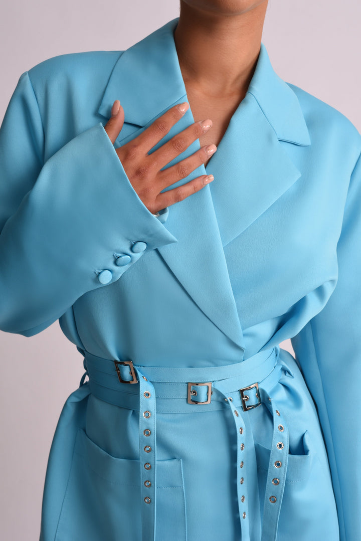 Julia Triple Belted Satin Blazer Dress - Blue - Celestia Couture