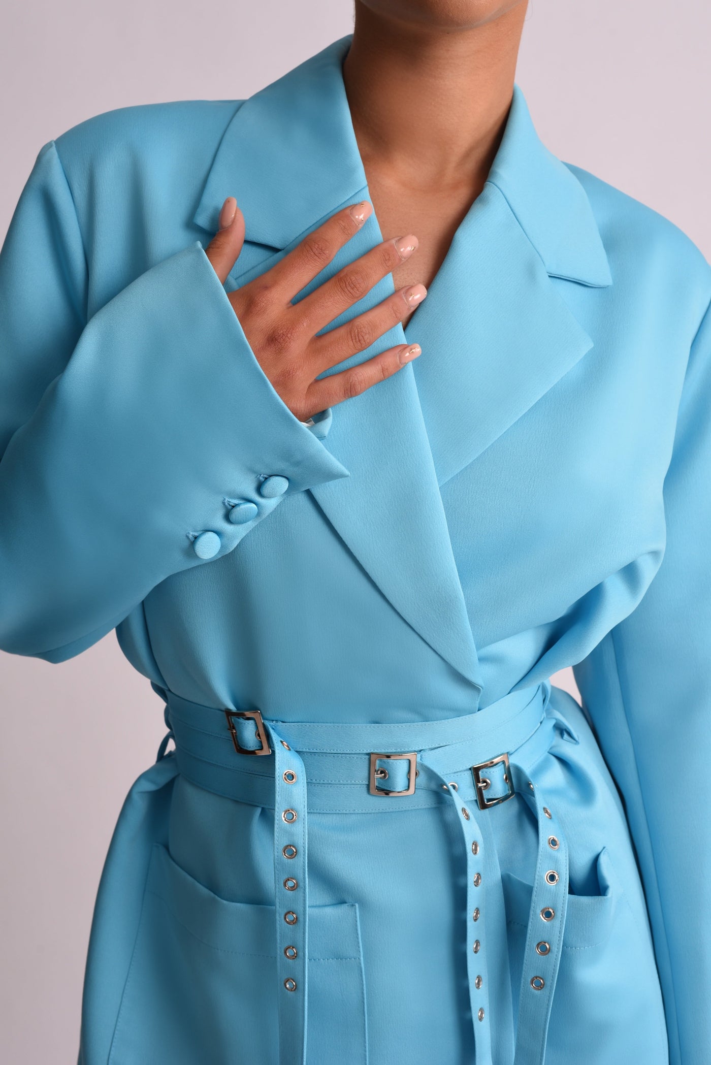 Julia Triple Belted Satin Blazer Dress - Blue