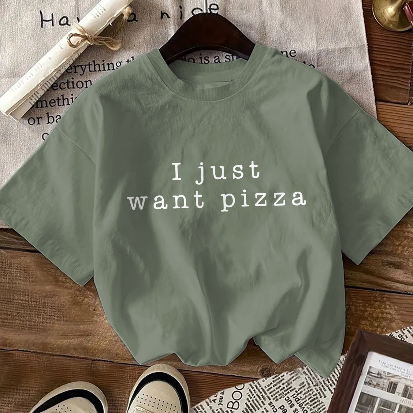 Women'S T-Shirt with "I Just Want Pizza" Letter Print, Casual Crew Neck Short Sleeve Top, 100% Knit Fabric, All-Season Comfort, 180gsm - Regular Length - Celestial Couture