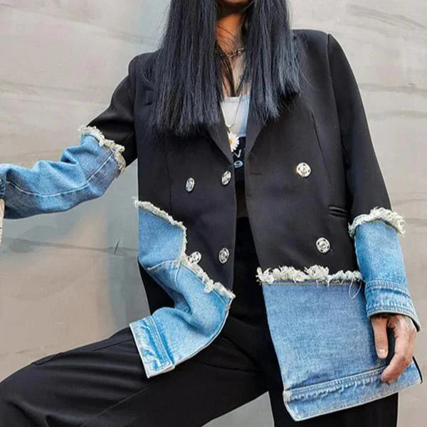 Jenna Asymmetric Denim Patchwork Blazer - Celestia Couture