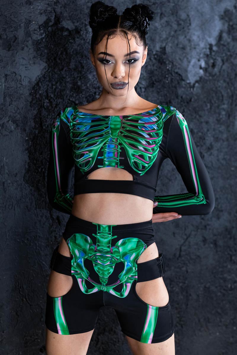 Emerald Skeleton Biker Shorts Set