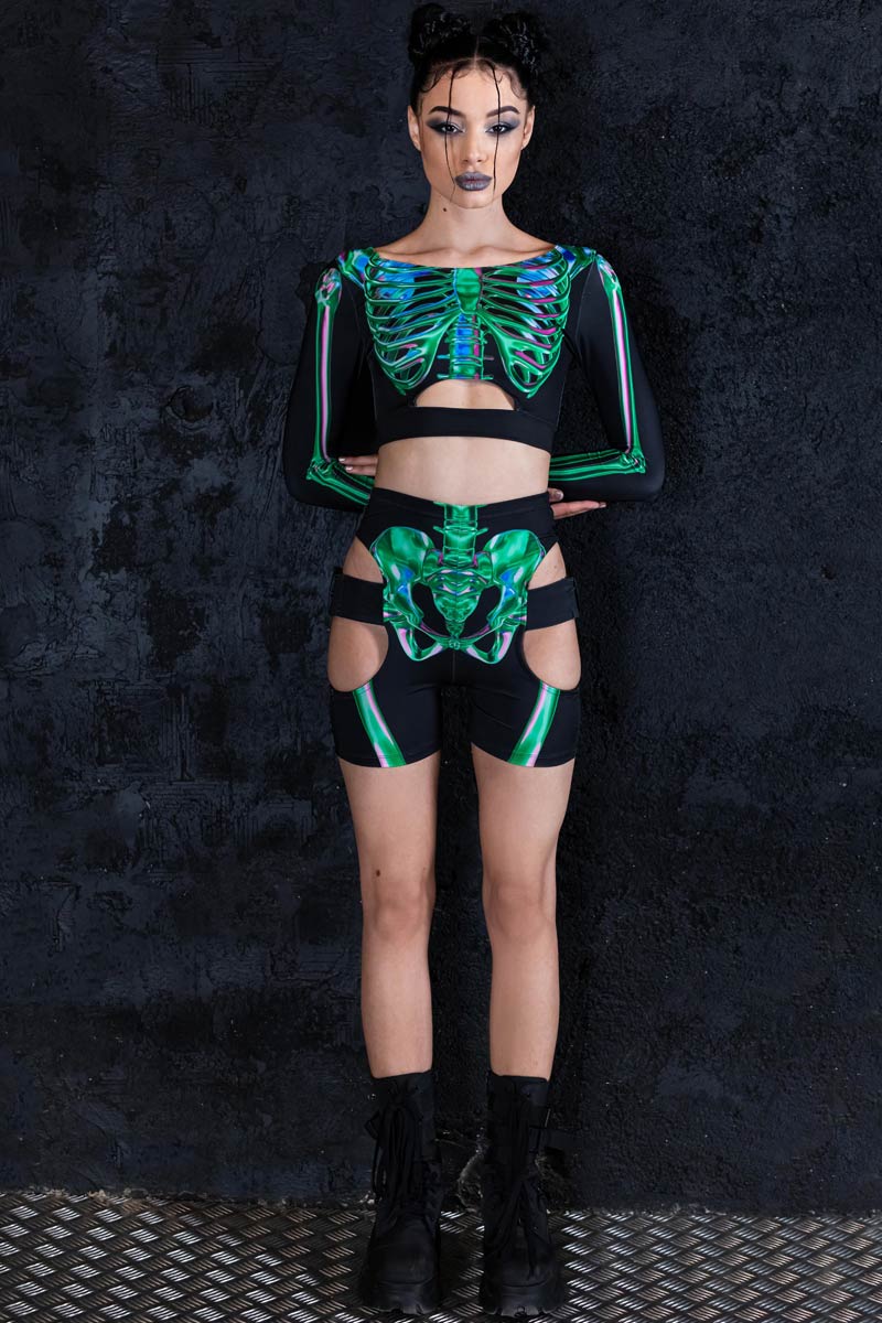 Emerald Skeleton Biker Shorts Set