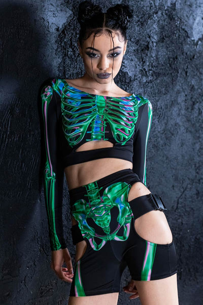 Emerald Skeleton Biker Shorts Set