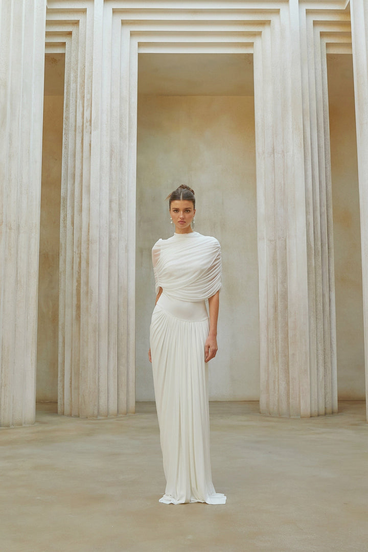 Catherine White Asymmetrical Pleated Maxi Dress - Celestia Couture