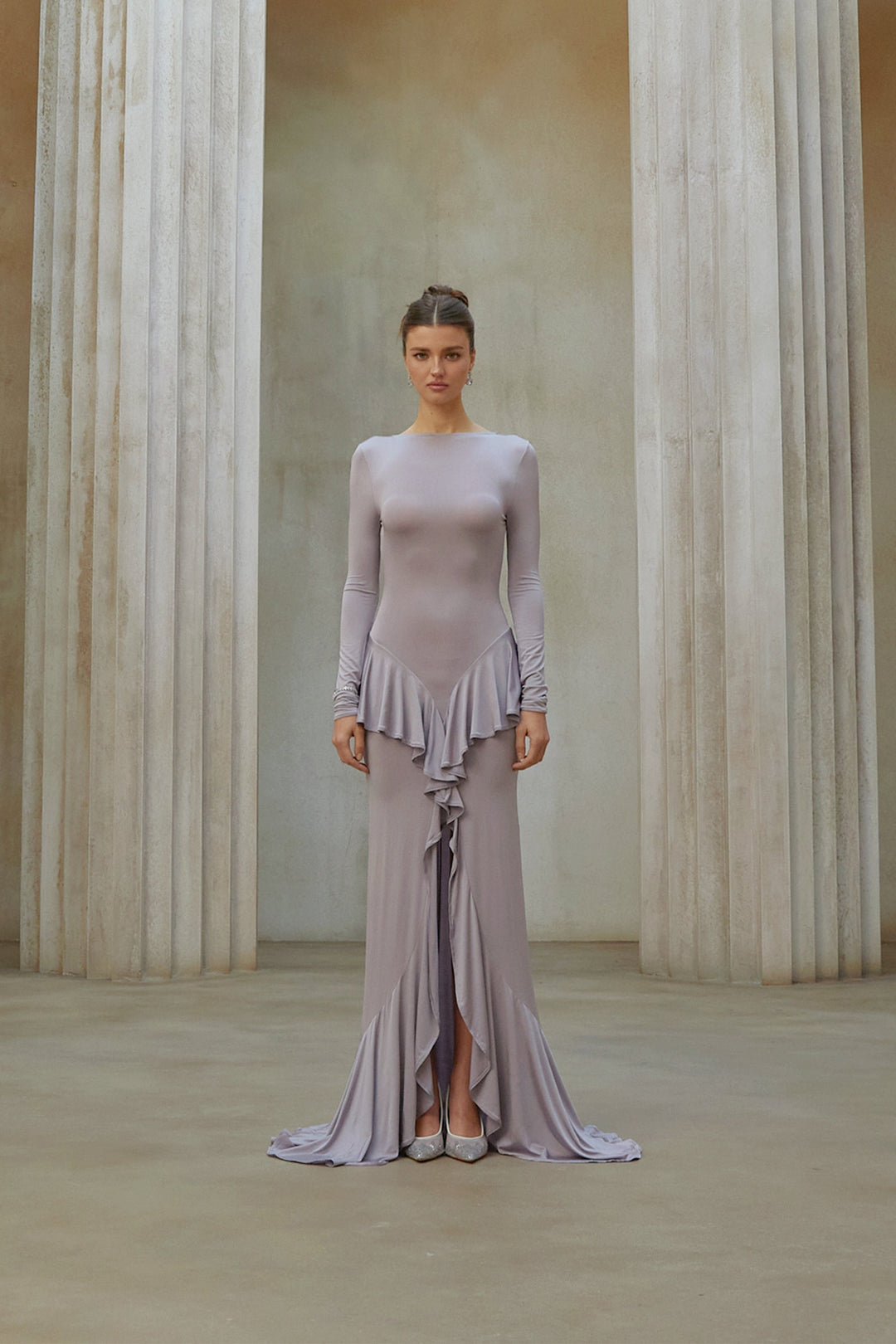 Xenia Purple Ruffle Detail Maxi Dress with Front Slit - Celestia Couture