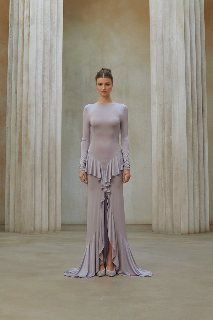 Xenia Purple Ruffle Detail Maxi Dress with Front Slit - Celestia Couture
