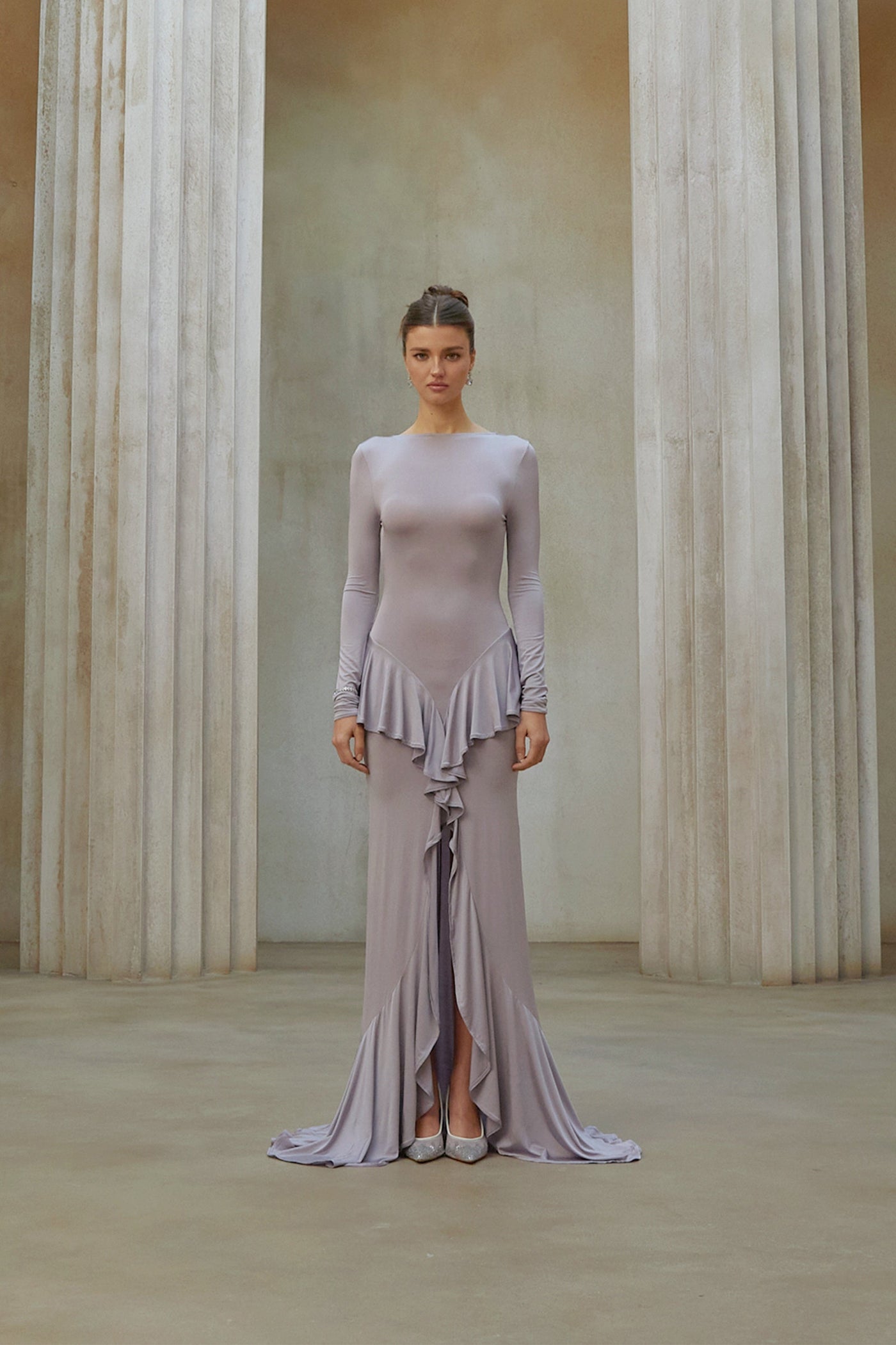 Xenia Purple Ruffle Detail Maxi Dress with Front Slit