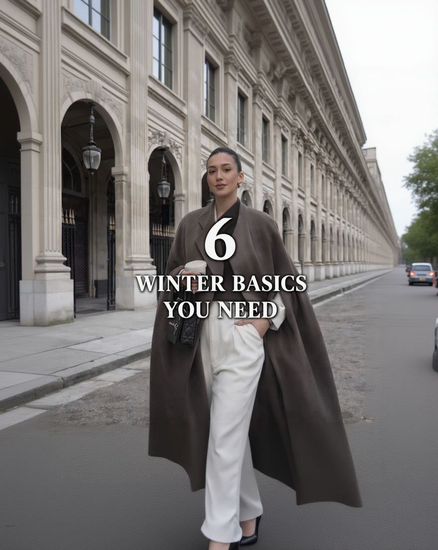 Woman in a coat standing on a street with text '6 Winter Basics You Need' overlayed.